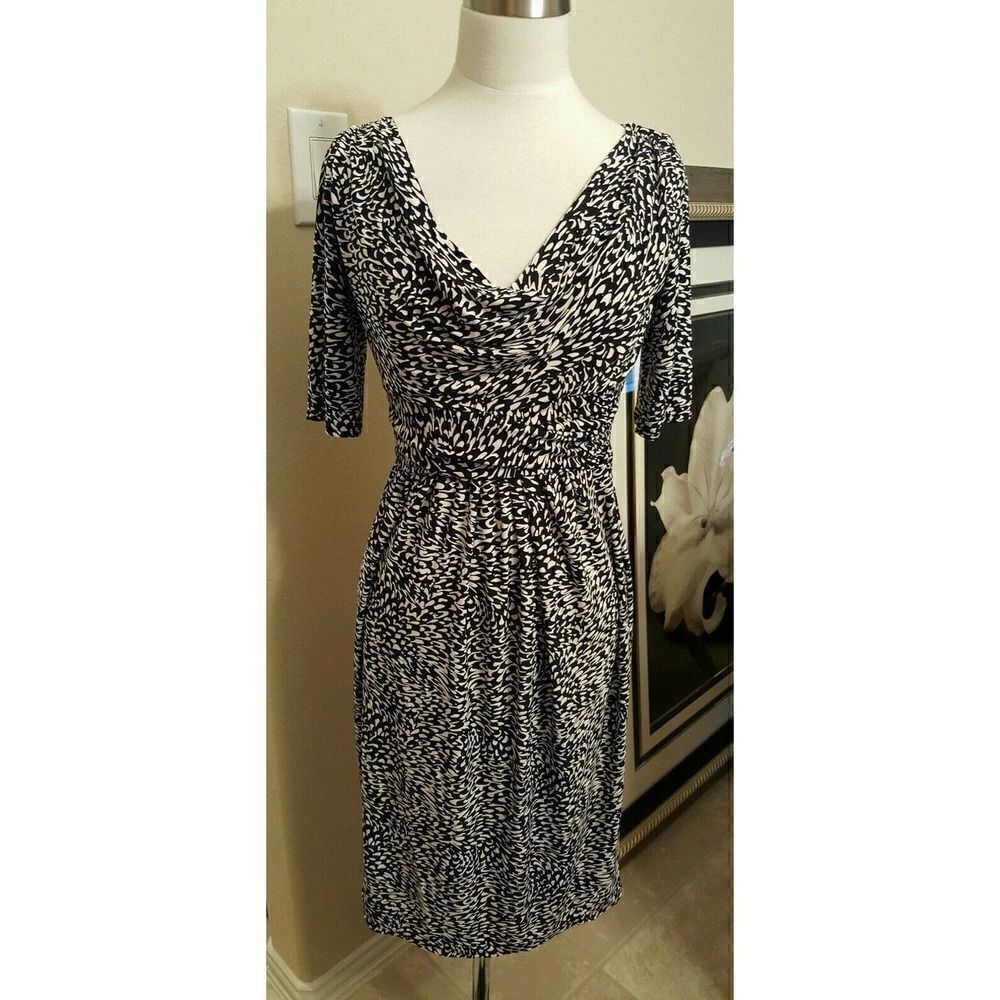 RALPH LAUREN Cowl-Neck Printed Empire Ruched Dress Black White - Size 2